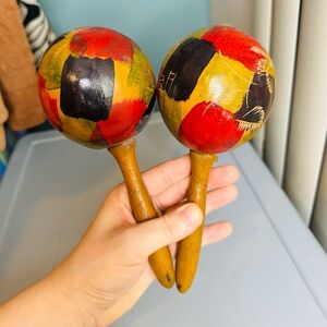 Vintage Maracas Hand Painted Souvenir Cuba 1-Pair Colorful Wooden Maracas